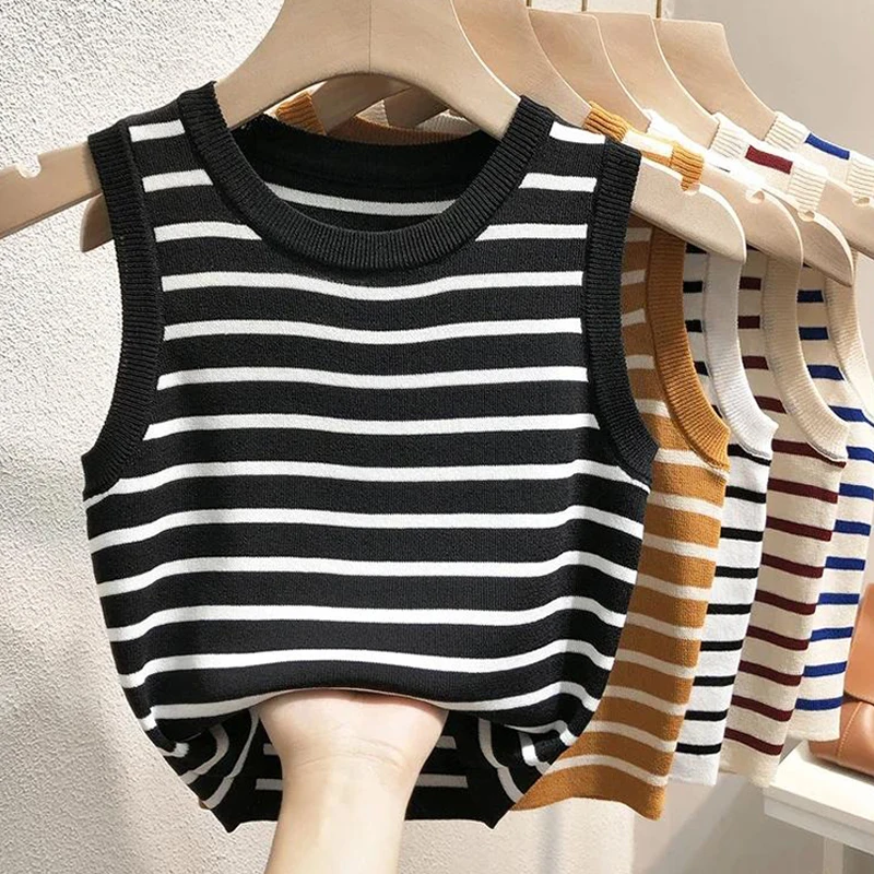 Woman's Cheap Vest Summer O Neck Sleeveless Knit Stripes Tall Waist Fashionable Ladies Tops Vests Dropshipping