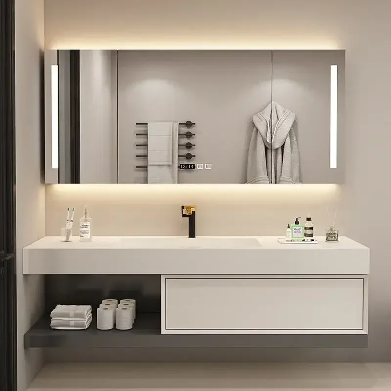 

Postmodern Bathroom Furniture Solid Wood Cabinet with Slate Integrated Sink Wash Basin Mirror Modern Gabinete Unique Furniture