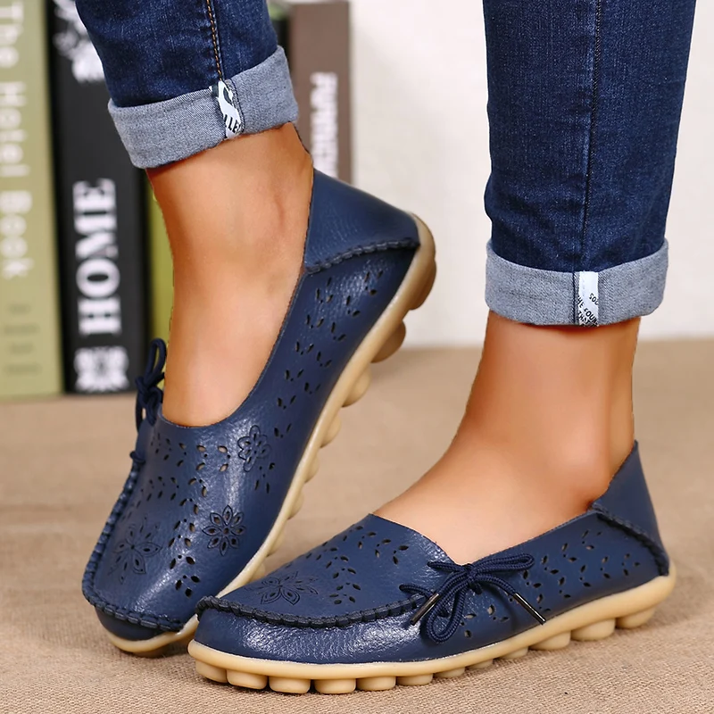 Bowtie Fashion Genuine Leather Women Flats Outdoor Nurse Shoes Slip On Flat Shoes Hollow Round Toe Zapatos Mujer Plus Size