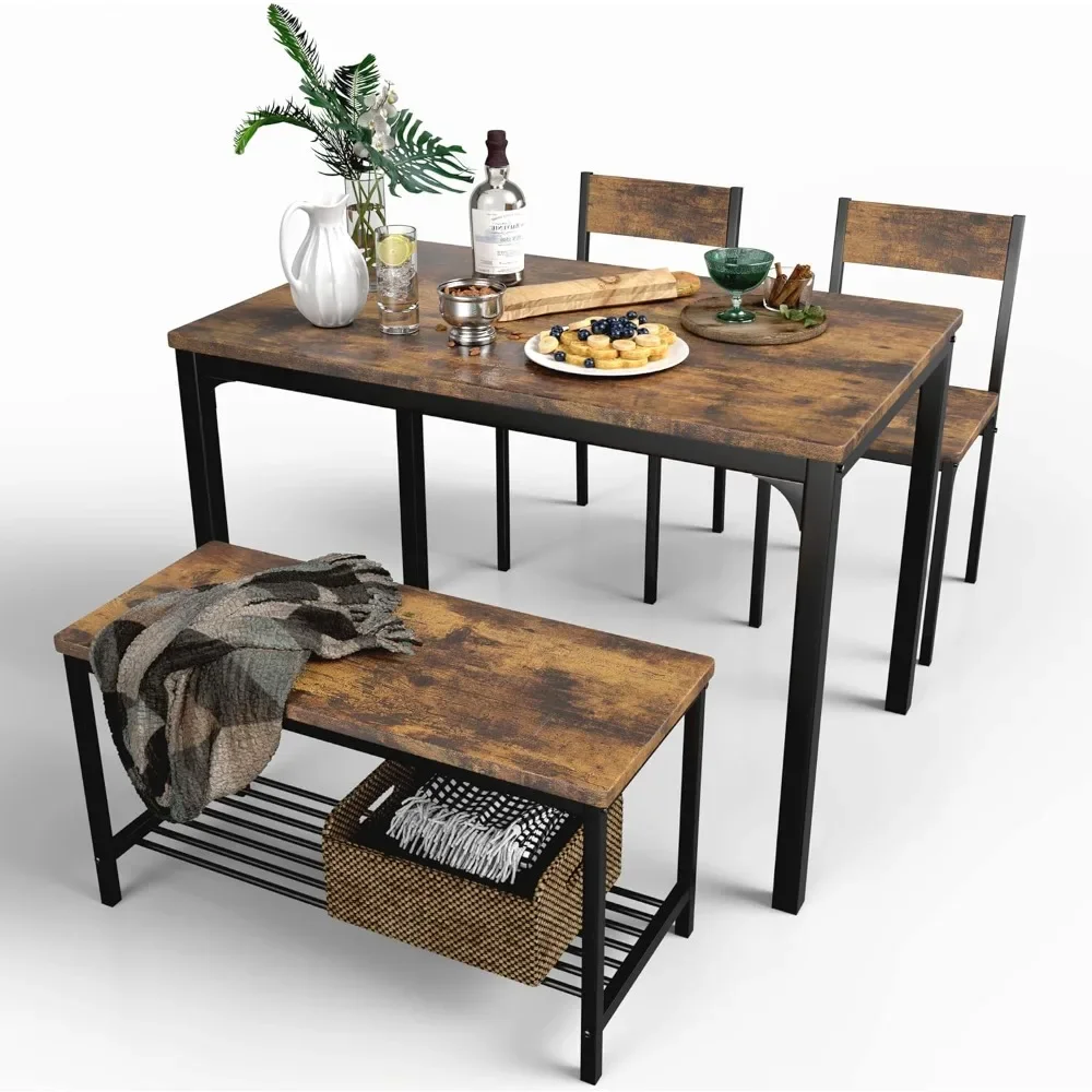 Dining Table Set for 4, Small Kitchen Table and Chairs for Space Saving, 1 Bench with Storage and 2 Chairs with Backrest