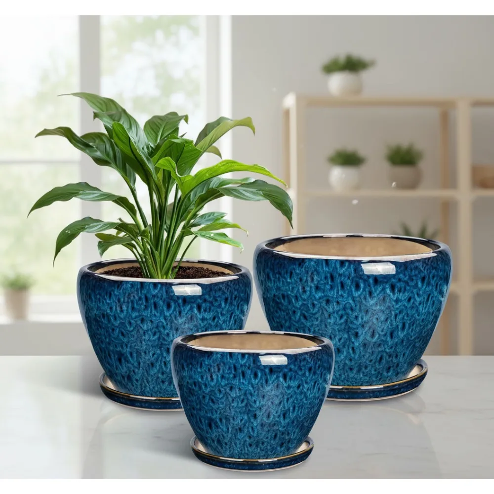 

Modern Ceramic Plant Pots Set of 3 with Drainage Holes, Indoor Outdoor Flower Planters for Home Garden Decor, Blue
