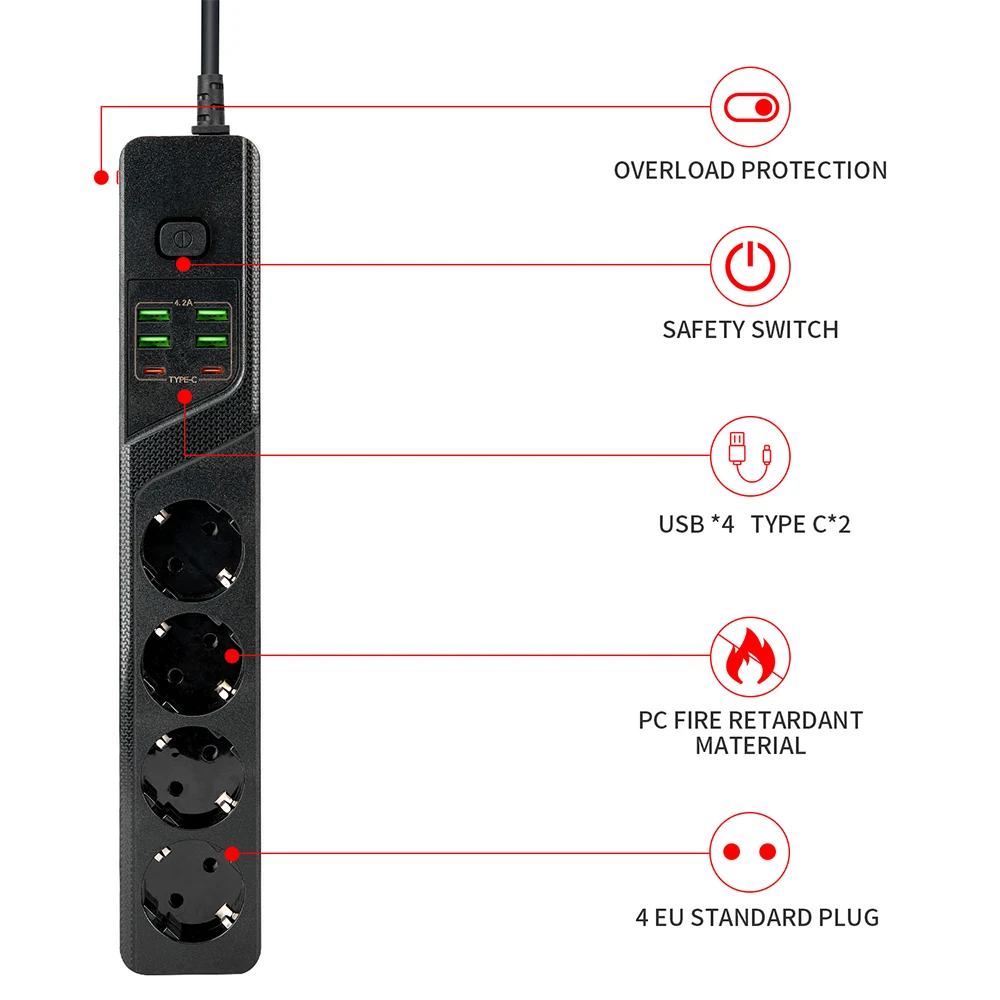 European Plug Extension Socket With Overload Protection USB Power Strip 4USB 2Type C Charger Hub 2m Extension Socket With Switch