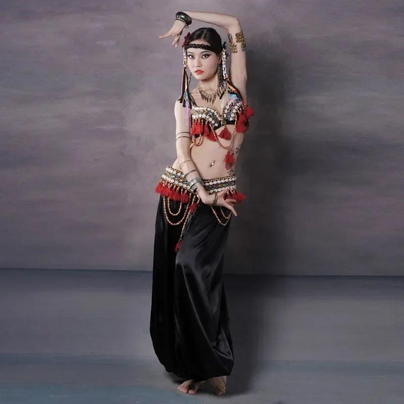

Women ATS Tribal Belly Dance Costume Set 3pc Bra Belt Pants Red Gypsy Dancwear Indian Bellydance Clothing Dancing Outfit Clothes