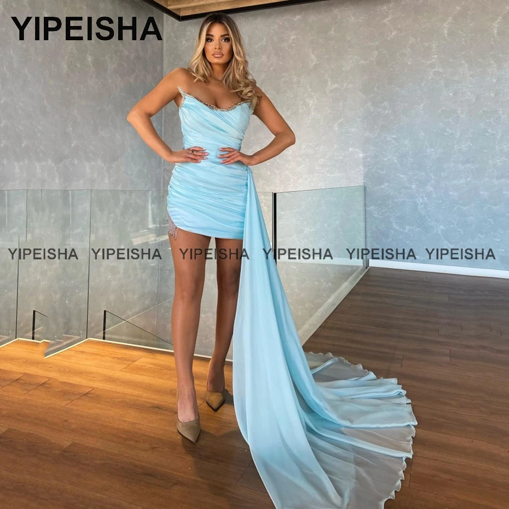 Yipeisha Mini Baby Blue Homecoming Dresses guaina Cocktail Party Gown con drappeggio senza spalline in rilievo Short Prom Wear