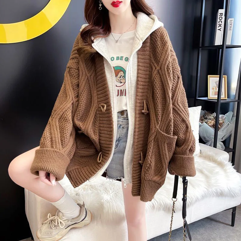 Autumn Winter Thick Warm Cardigan Sweater Women Fashion Fake Two Hooded Stitching Knitted Coats Loose Korean All Match Outwear