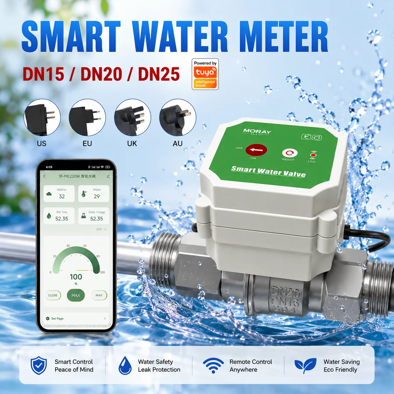 Vanne d'eau intelligente Tuya M220XXXFW avec débitmètre DN20, surveillance de la température, minuterie, contrôleur d'irrigation IP67
