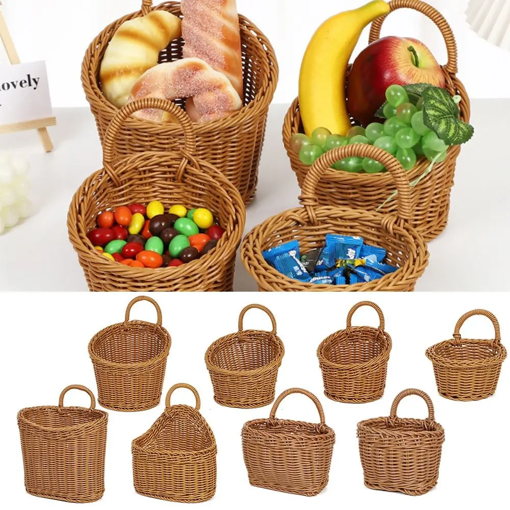 Imitation Rattan Kitchen Storage Basket Home Decoration with Handle Hand-woven Hanging Baskets Vegetable Fruit Flower Brown