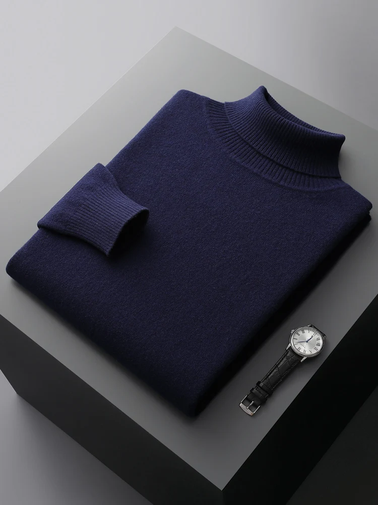 High Lapel 100% Pure Wool Men's Pullover Autumn Winter Basic Knitwear Versatile Cashmere Sweater Casual Business Clothing Tops