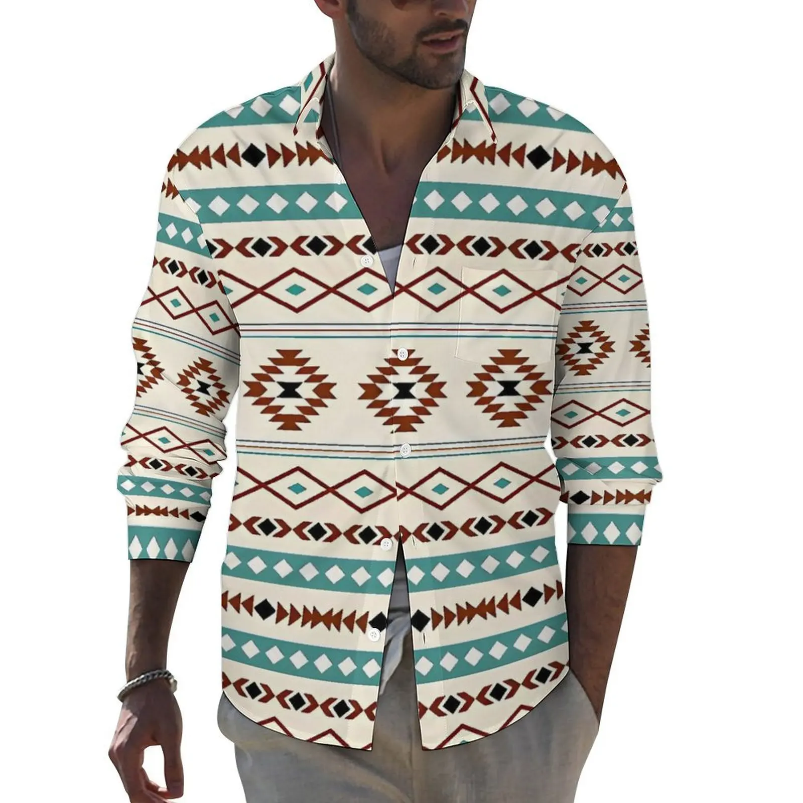

Aztec Art Shirt Retro Print Casual Shirts Long Sleeve Printed Street Style Blouses Autumn Retro Oversized Clothes