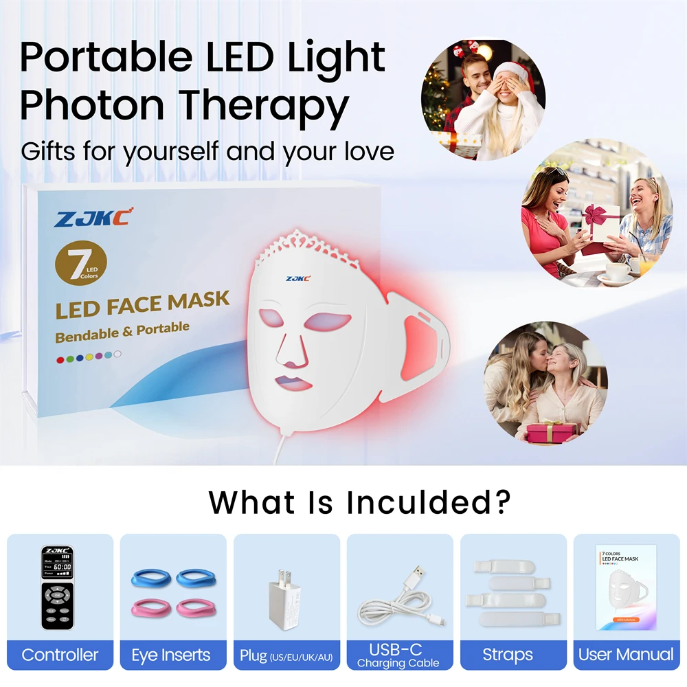 Zjkc 7 Kleuren Lichttherapie Masker 360Pcs Chips Gezichts Led Thuis Gezichtsmasker Voor Collageenproductie Huidverjonging Stevige Huid