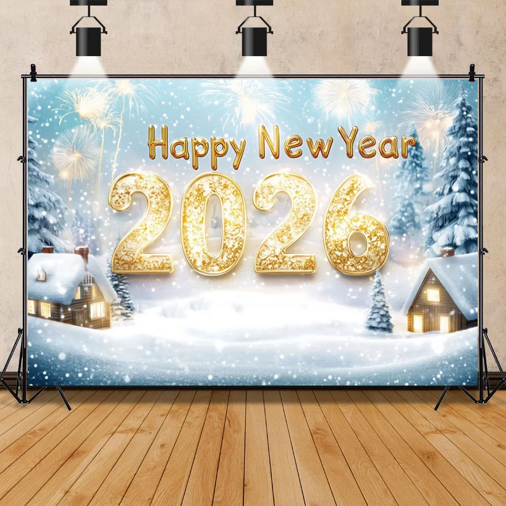 

2026 Happy New Year Theme Party Background Winter Snow Christmas Forest Firework Light Bokeh Photography Backdrop Photo Studio