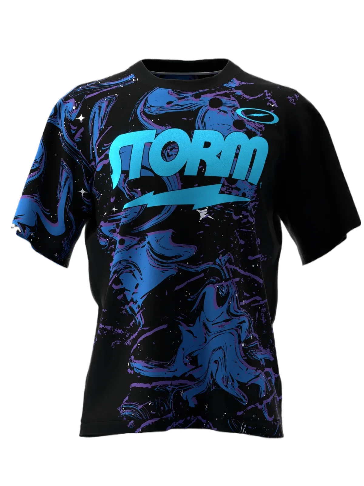 Competitive Crewneck T-Shirt, Nebula Swirl Pattern, Solid Black Collar, Quick Dry Breathable Material for Enthusiast Gatherings