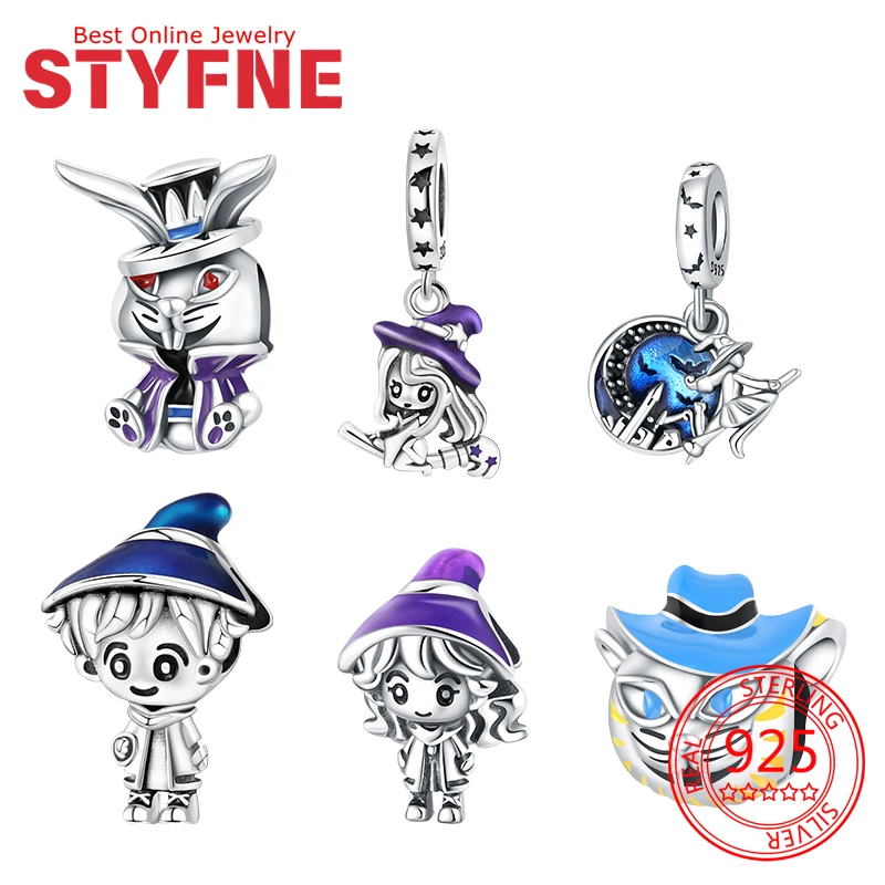 

925 Silver Charms Halloween Purple Flying Witch Beads Rabbit Pendant Fit Women Diy Original Bracelet Jewelry Interesting Gift