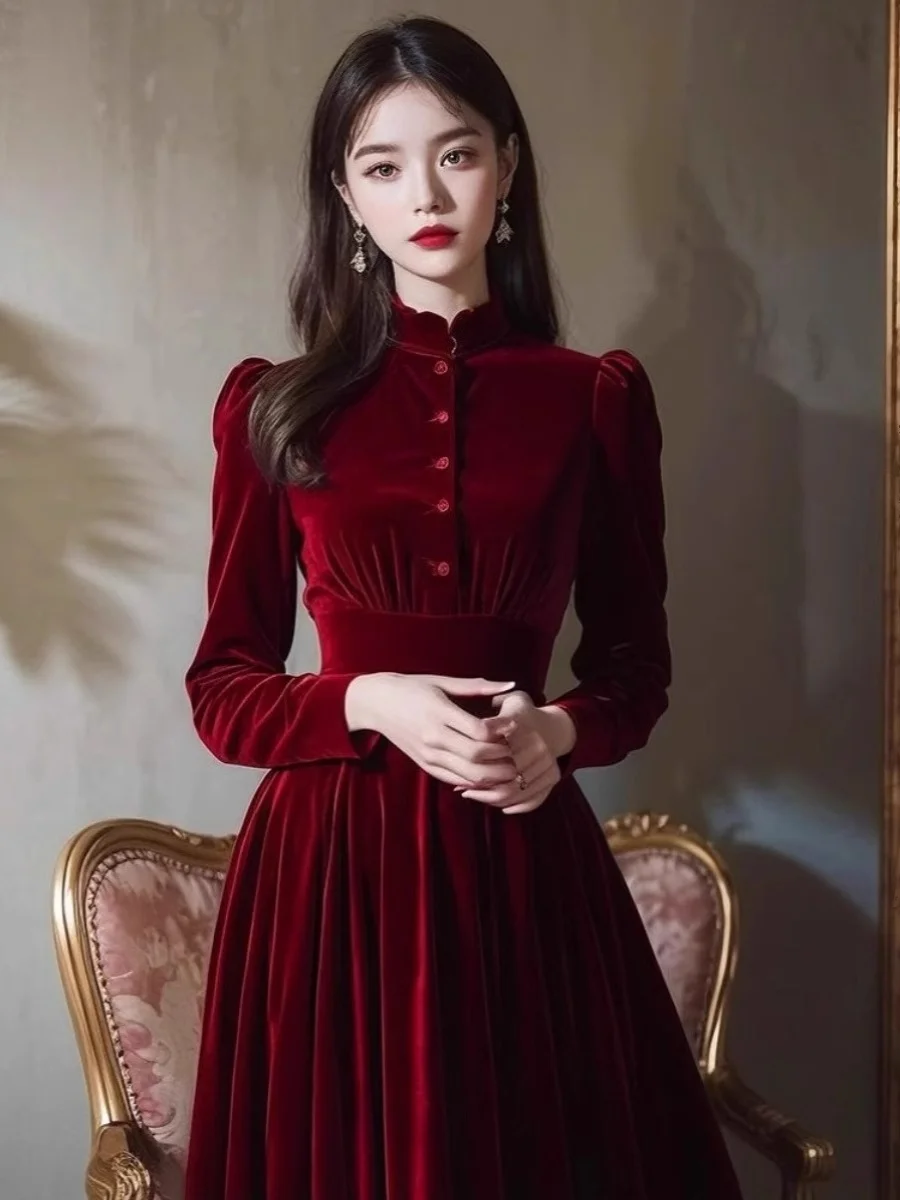 

Red Velvet Dr Wedding Engagement Par Long Sve High Waist A-Line Skirt Princ Sle Formal Dr for Women