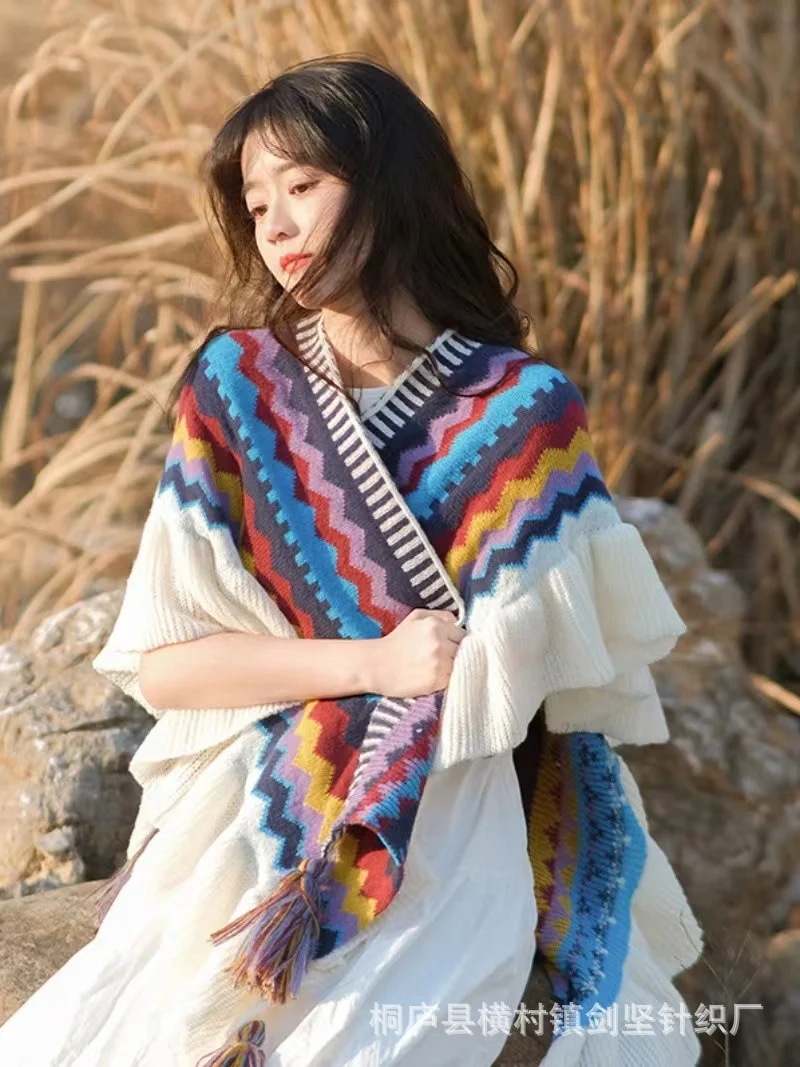 Women Autumn Winter Bohemian Faux Cashmere Ethnic Style Long Thick Poncho Shawl Female Big Pendulum Loose Cloak Coat