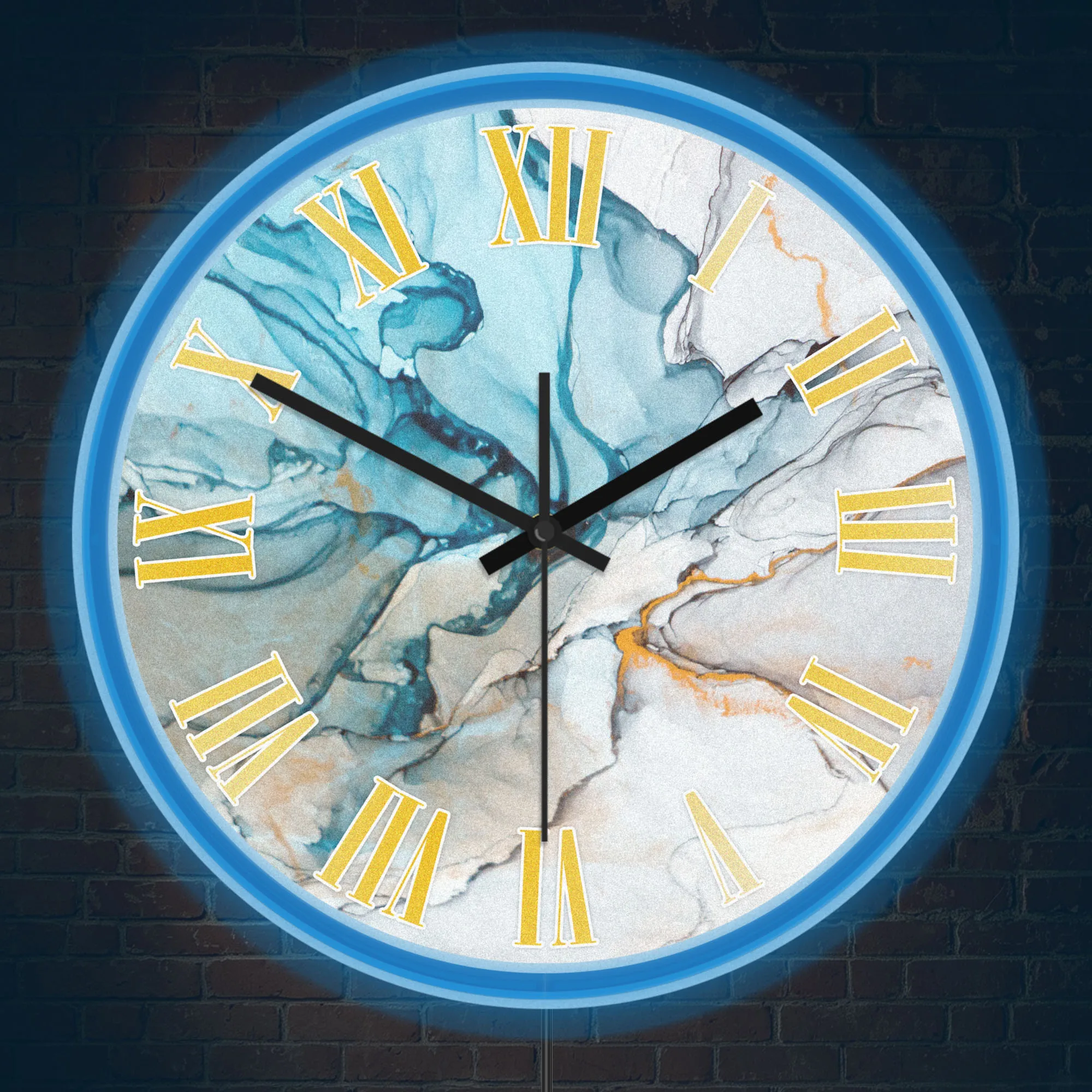 Luxury Marble Texture Print Wall Clock with Neon Rim Lighti Blue Gold Fluid Art Silent Quartz Wall Clock for Bedroom Living Room