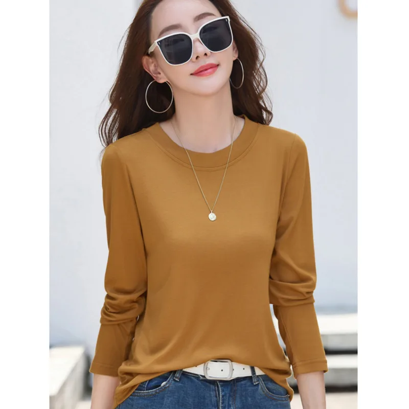 #0514 Spring Autumn Long Sleeve T Shirt Women Round Neck Solid Color Skinny Short T Shirt Female Cotton 95% Womens Tee Shirts