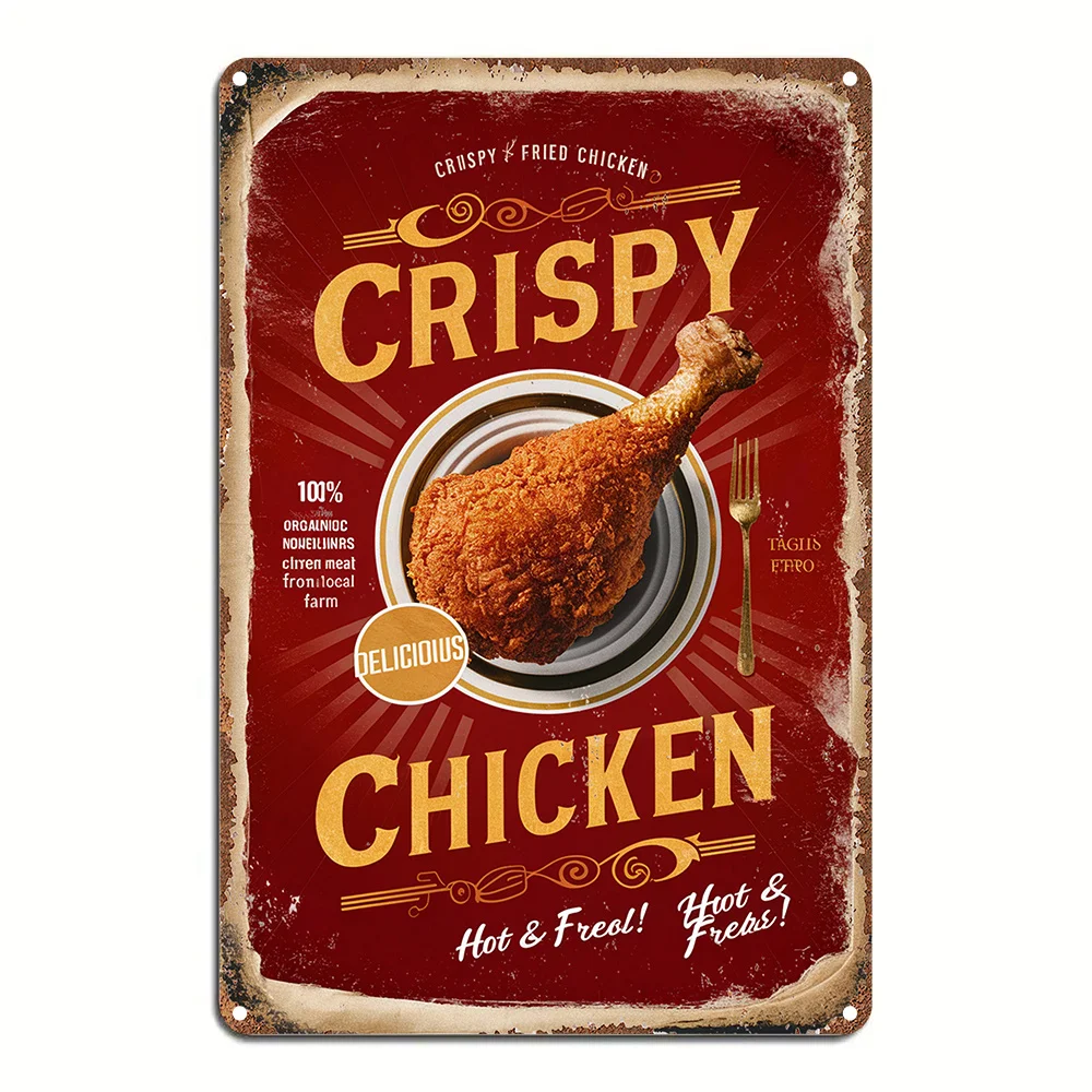 Vintage Metall-Blechschild „Crispy Fried Chicken“, Aluminium-Wandkunst-Dekoration für Garten, Schlafzimmer, Garage – Rustikale Plakette mit Lebensmittel-Motiv, C
