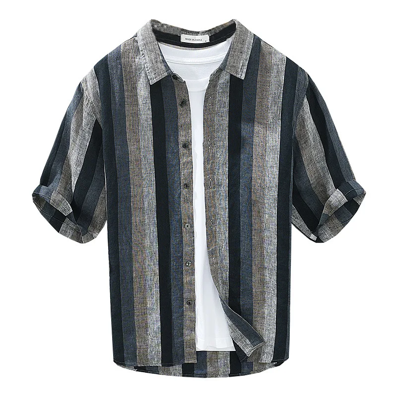 2090 Mannen 100% Linnen Shirts Zomer Mode Japan Stijl Vintage High End Garen Geverfd Streep Patchwork Korte Mouw casual Blouses