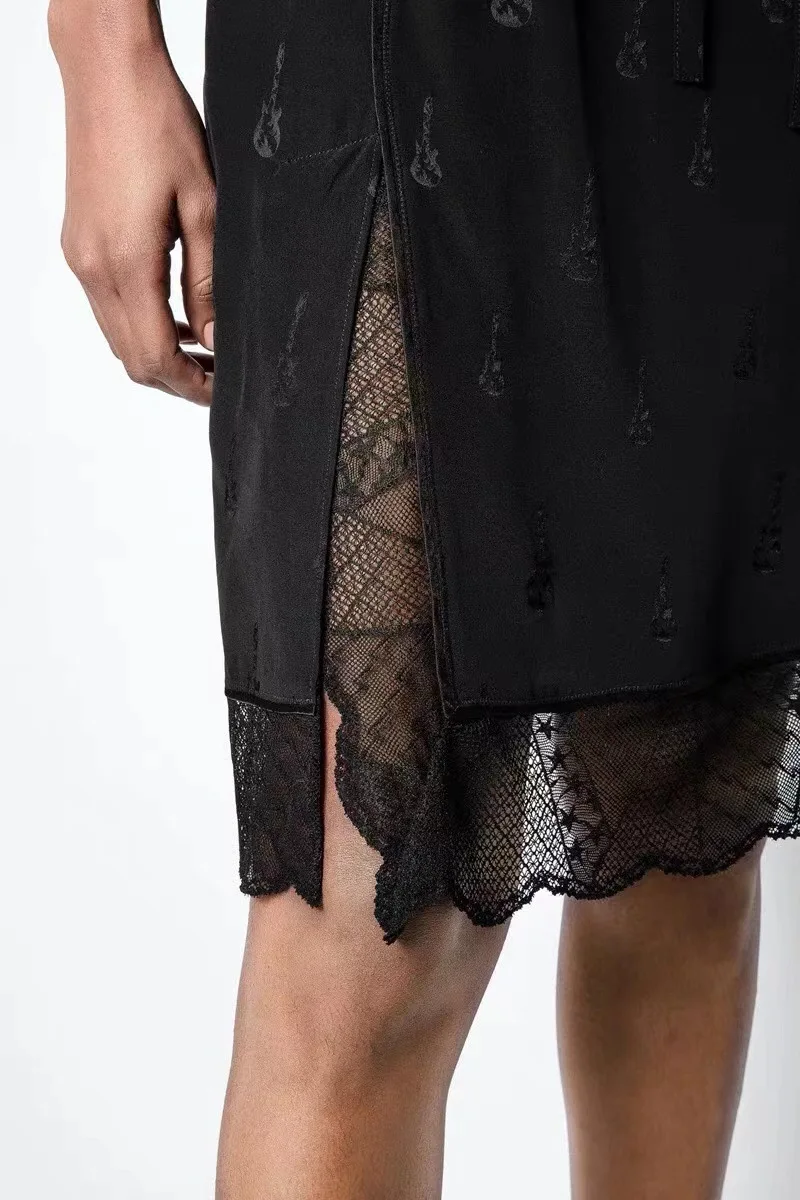 Black Women Skirt French Jacquard 100% Silk violin Lace Beautiful Mini Skirt B36008QM