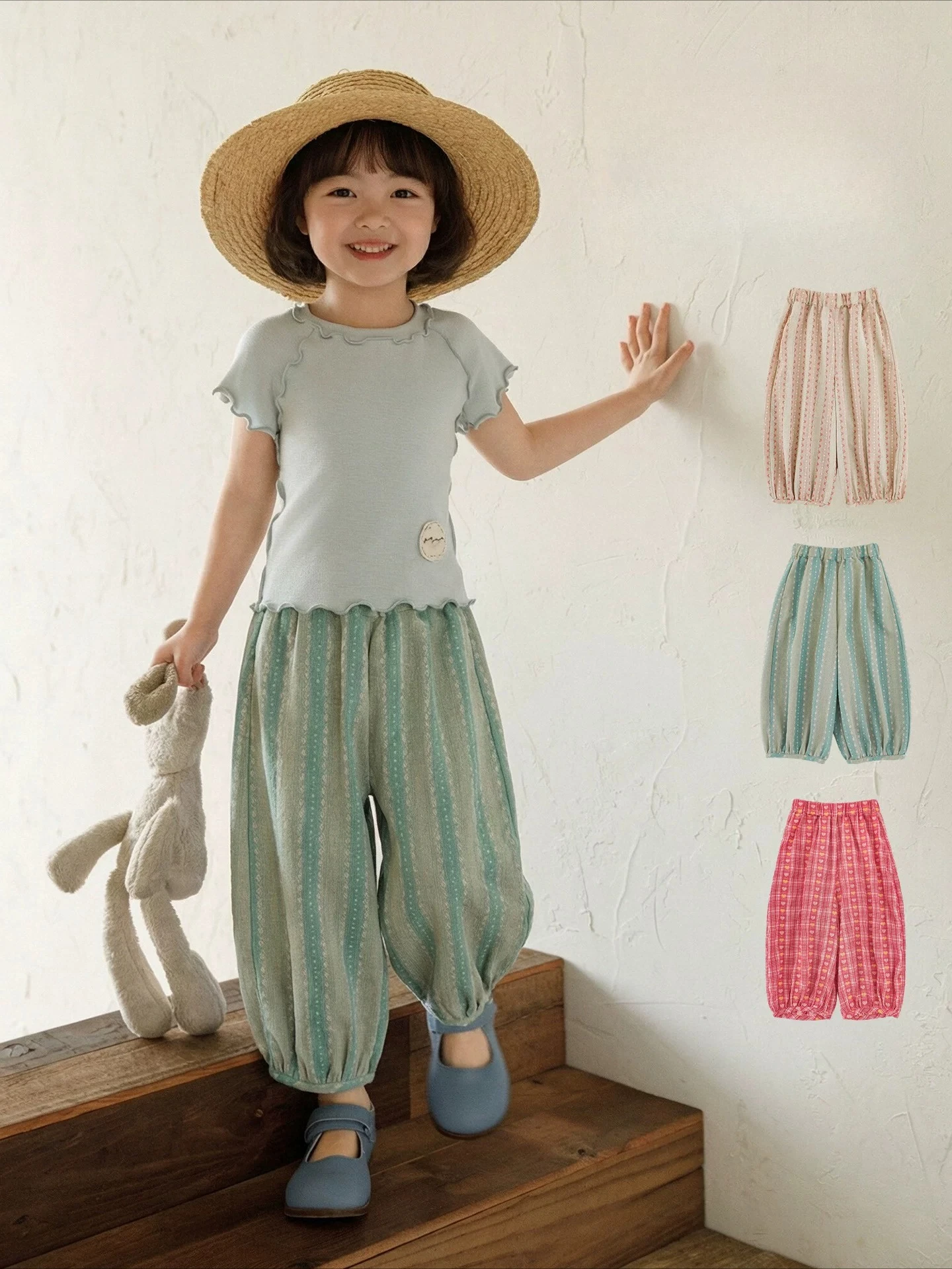 Toddler Girl Summer Breathable Jacquard Lantern Pants Loose Nine-Length Cuffed Ankle Soft Durable Casual Trousers