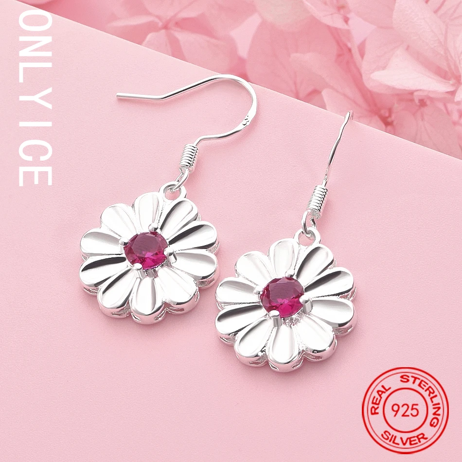 

Fine 925 Sterling Silver Red Zircon Flower Earrings Drop Earrings Fashion Jewelry Charm Noble Wedding Accessories