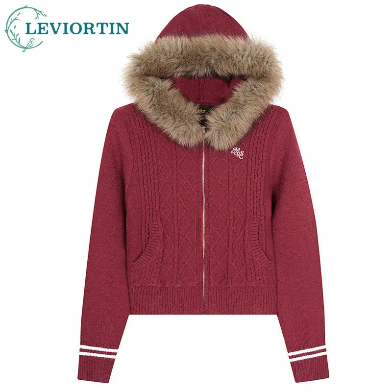 

2025 Trendy Korean style lazy fur collar hooded knit sweater, fashionable, soft and comfortable top, small sweater jacket