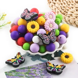 44Pcs/Set New Silicone Focal Beads Flower Butterfly Round Loose Bead For Jewelry Making DIY Keychain Pen Bracelet Accessories