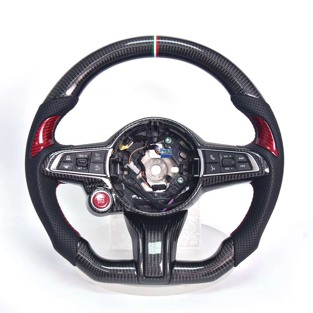 Premium Race-Inspired Carbon Fiber Leather Steering Wheel For Alfa Romeo With Flat Bottom And Italian Stripe