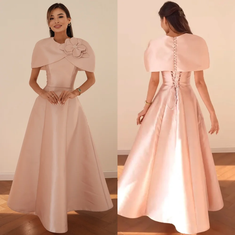 

Customized Elegant Formal Charmeuse Handmade Flower Button Beading A-line Scoop Neck Midi Dresses Bespoke Occasion Dresses Retro