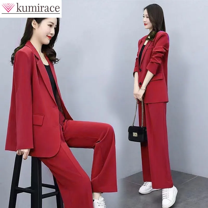 

2023 Korean Popular Spring New Thin Jacket Casual Wide Leg Pants Vest 3pcs Elegant Women Pants Suit Office Outfits Blazer Style