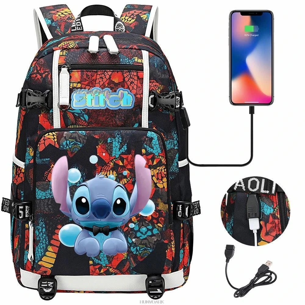 Lilo And Stitch Backpack Cartoon Disney USB Charge School Expandable School Bag Large Capacity 18inch Laptop Waterproof Mochilas