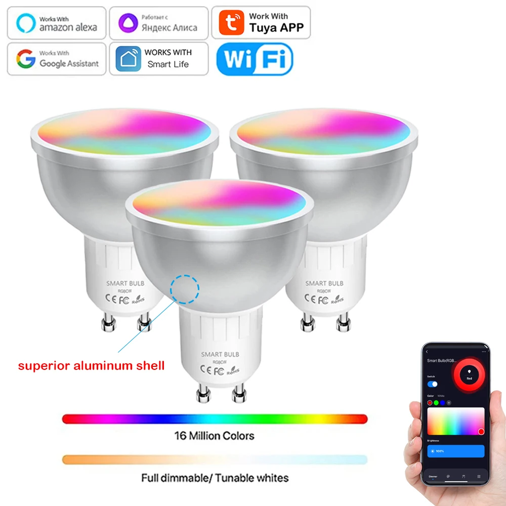 GU10 Tuya Wifi Smart Light Bulb Intelligent Alexa Lamp 5W RGBCW 2700K-6500K Smart Life APP Remote Control Works With Google Home