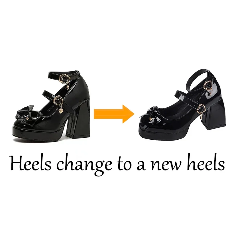 Punk Heart Buckle High Heels Pumps Women 2024 Spring Y2K Black Chunky Platform Lolita Shoes Woman Bowtie Thick Heel Gothic Shoes view 6