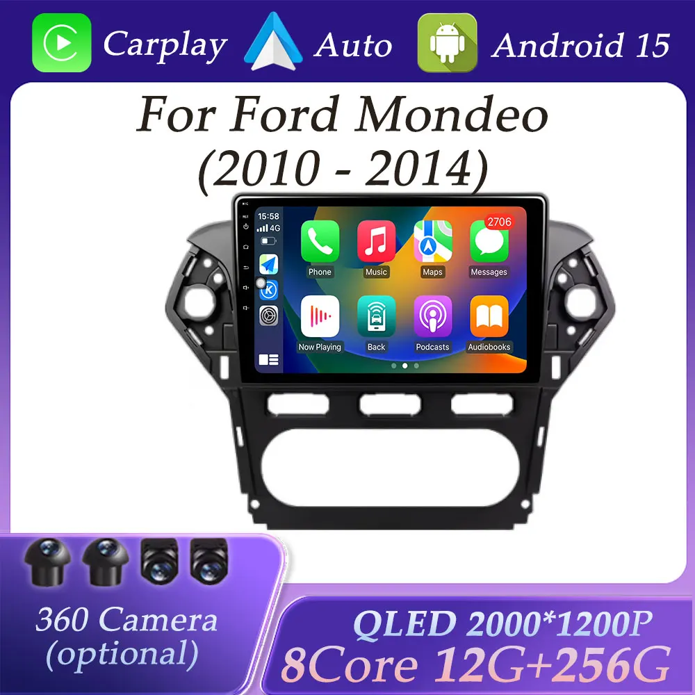 DSP ستيريو لفورد مونديو 2010 - 2014 اللاسلكية CarPlay أندرويد 15 راديو السيارة فيديو مشغل وسائط متعددة لتحديد المواقع والملاحة شاشة QLED
