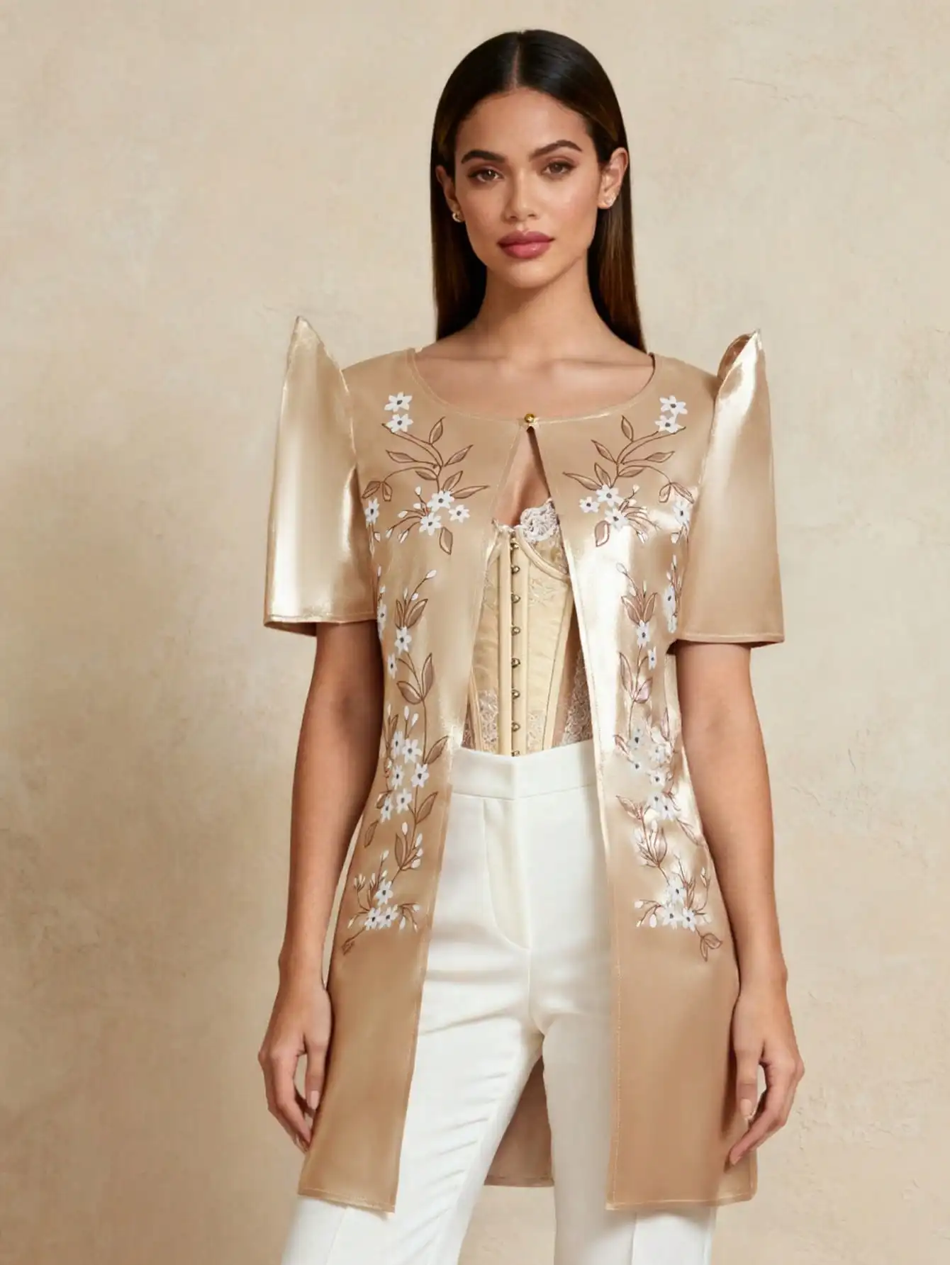 

Жакет с цветочной вышивкой и рукавами-бабочками цвета шампань для женщин, элегантный длинный кардиган с корсетной отделкой