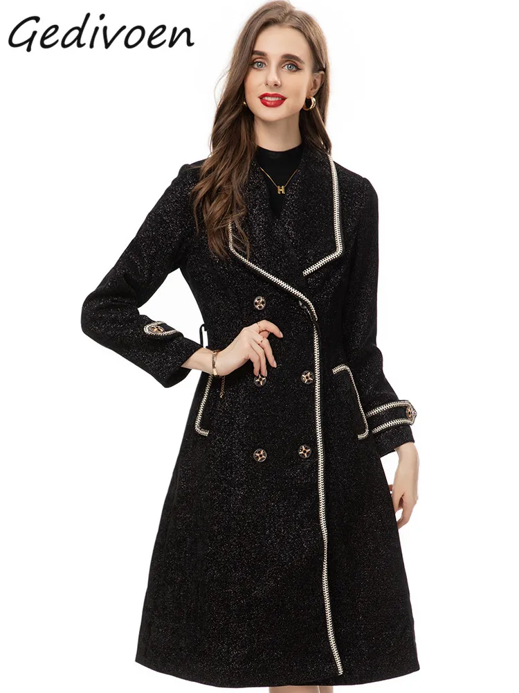 

Gedivoen Winter Fashion Runway Black Vintage Blends Coat Women Lapel Button Pockets Sashes Gathered Waist Slim Long Blends Coat