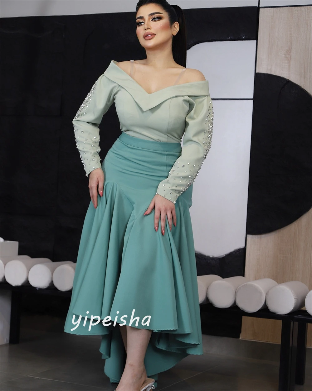 Jiayigong High Quality  Evening Jersey Draped Beading Pleat Birthday A-line Off-the-shoulder Bespoke Occasion Gown Midi Dresses