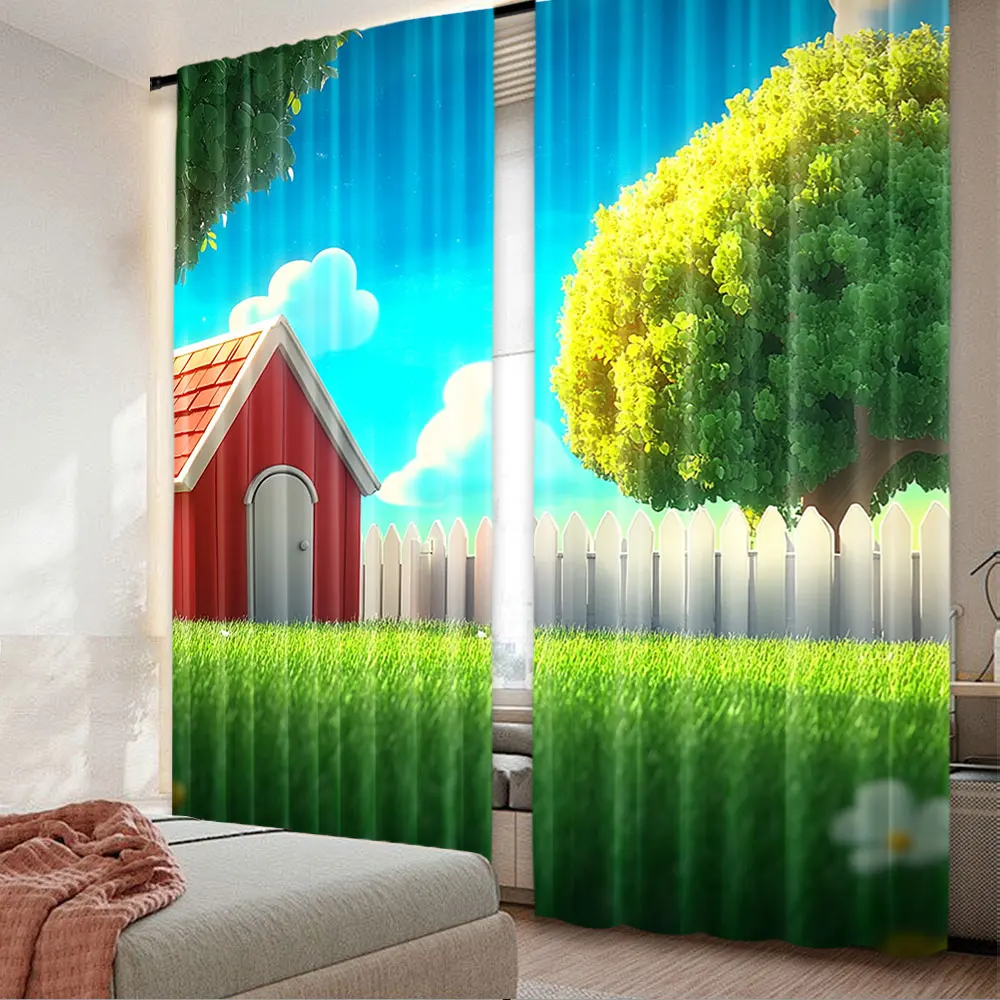 2Pcs Charming Cartoon Red House Blue Sky Curtain For Weddings Birthdays And Parties Modern Simplistic Drapes A