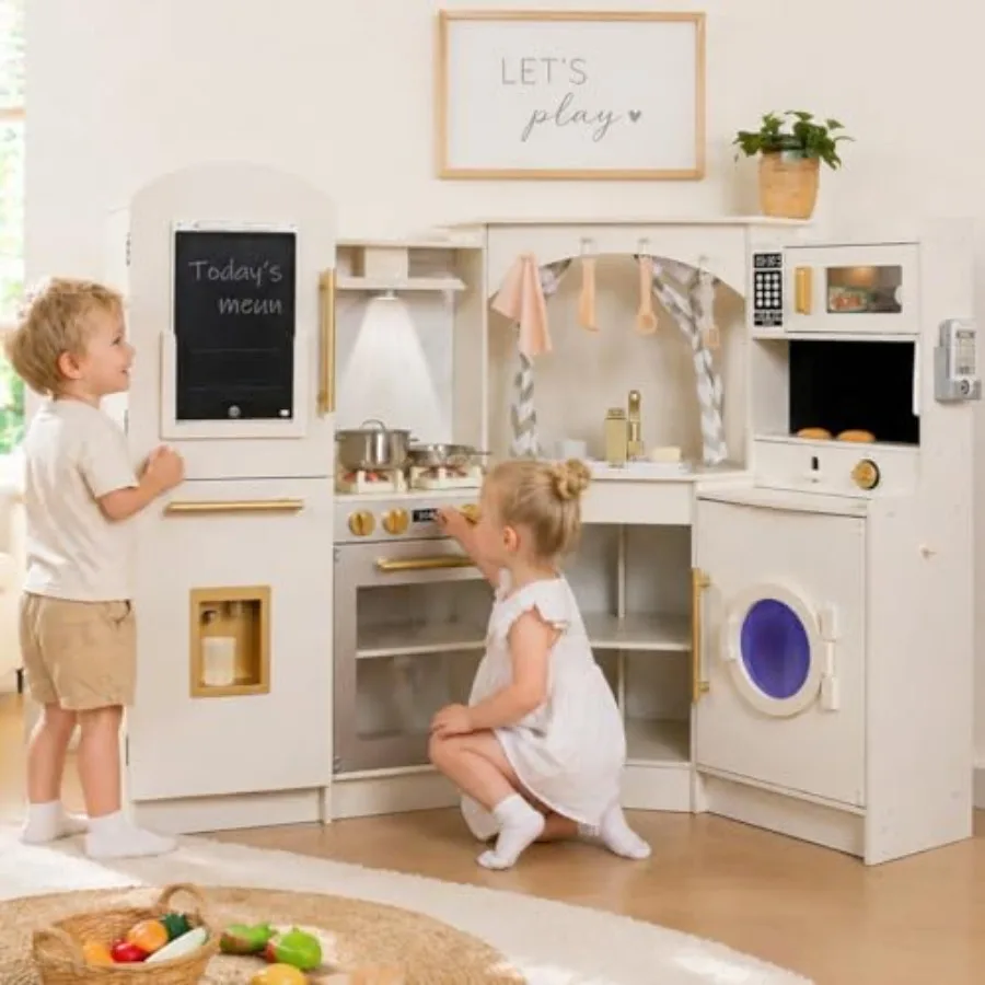 

Corner play kitchen set for home or classroom use, made of durable wood in natural finish, features ice maker, water dispenser,