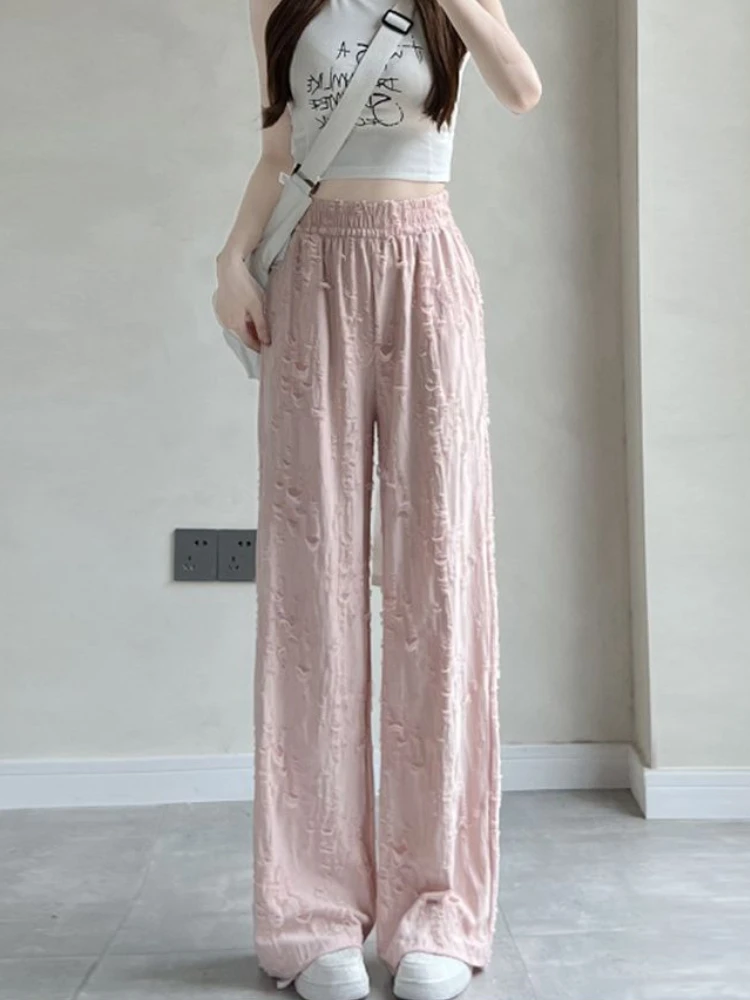 Summer Streetwear Solid Hole Casual Loose Pants Women Grunge Personality Harajuku Trousers High Waist Y2k Aesthetic Pantalones