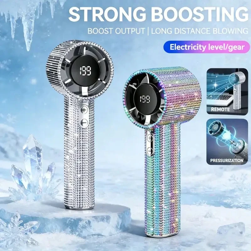 Encrusted Mini Handheld Electric Fan, USB-C Rechargeable Quiet Turbo Fan, Elegant Summer Gift Box for Women, Travel Essentials