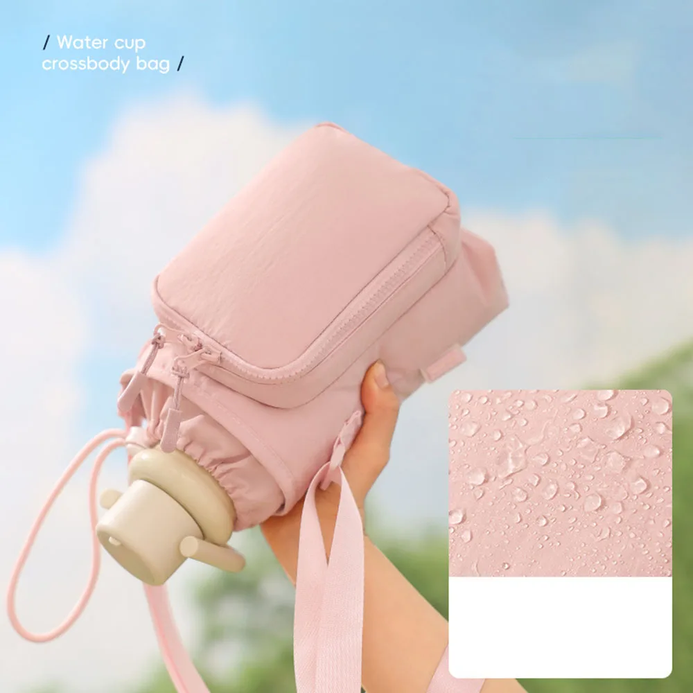 Simple Solid Color Crossbody Water Bottle Bag Portable Cup Sleeve with Zipper Phone Pocket Card Holder Lightweight Outdoor Bag