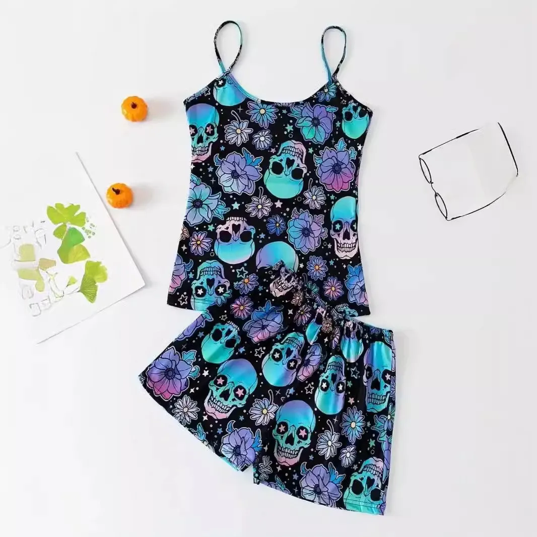 Women\'s 2pcs Cute Soft Comfy Halloween Pyjama Set Summer Plus Size Skull Ghost Print Tank Top & Bow Front Shorts Sleepwear Set