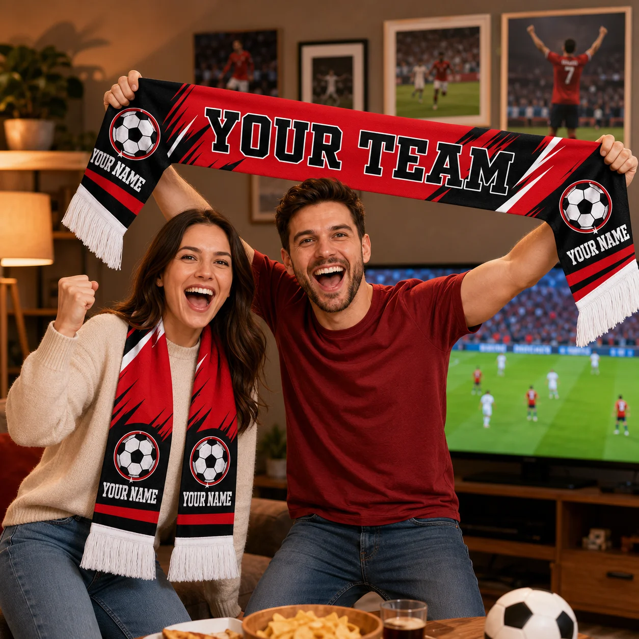 Custom Double Side Football Fan Scarf, Personalized Team Name Supporter Scarf with Tassels, Soccer Match Day Gift for Fans