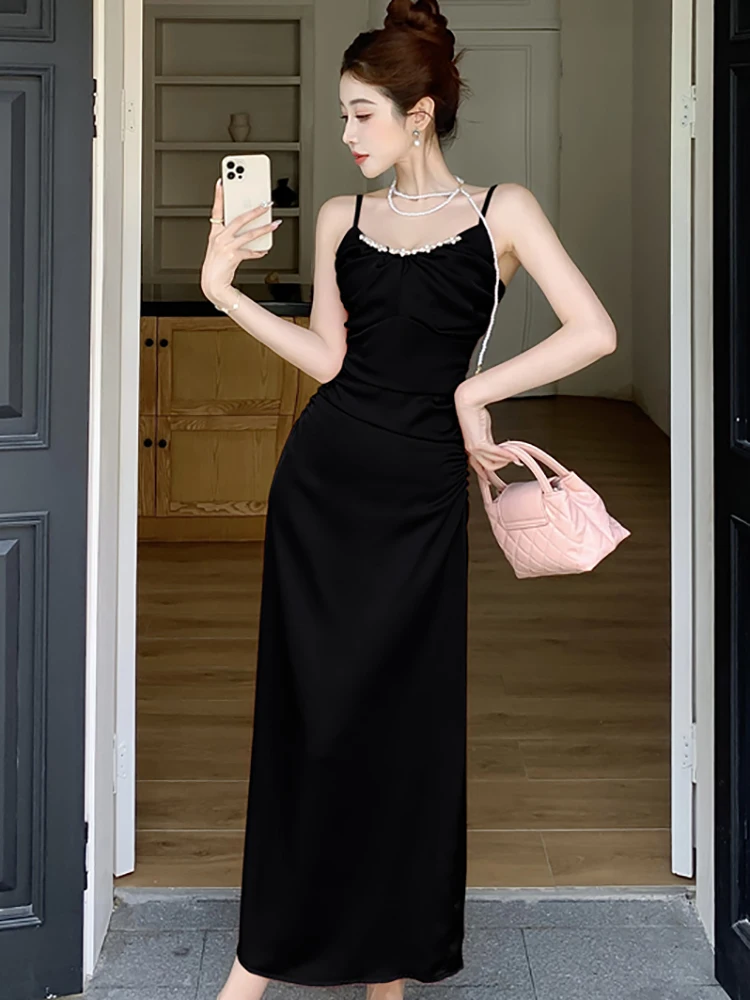 Sommer Rosa Satin Chic Diamanten Sling Sexy Langes Kleid Frauen Elegante Dance Party Kleid 2025, Koreanische Vintage Bodycon Abendkleid