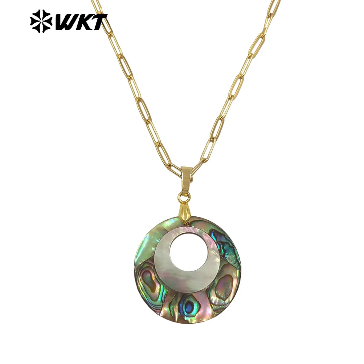 WT-JN350 Vintages Gold Electroplated Rectangle Chain With Natural Abalone Shell Round Hollow Pendant Ladies Necklace Jewelry