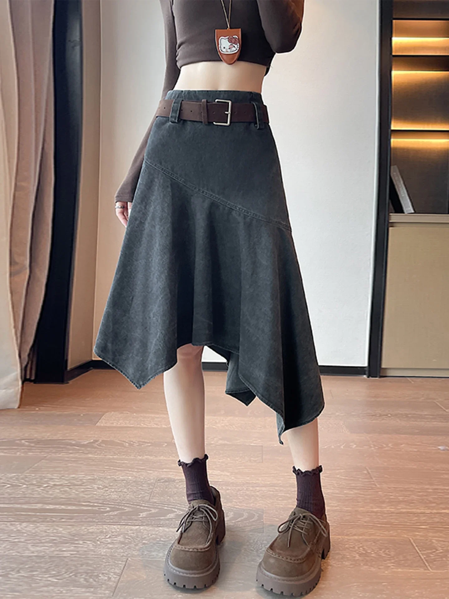 

High Waist A-Line Denim Skirt Women's Autumn Faion Slimming Mid-Length Skirt Retro Irregular Design Commute
