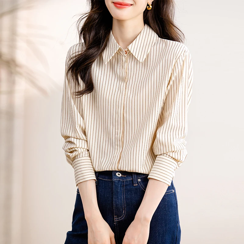 

2025 New French Style Long Sleeve Classic Striped Shirts Women's Office Work Wear Formal Blouses Casual Tops For All Seasons