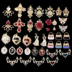 10 Pcs Alloy Crystal Rhineston Flower Bag Pendant Scepter Creative Button Ornaments Earrings Choker DIY Jewelry Accessories